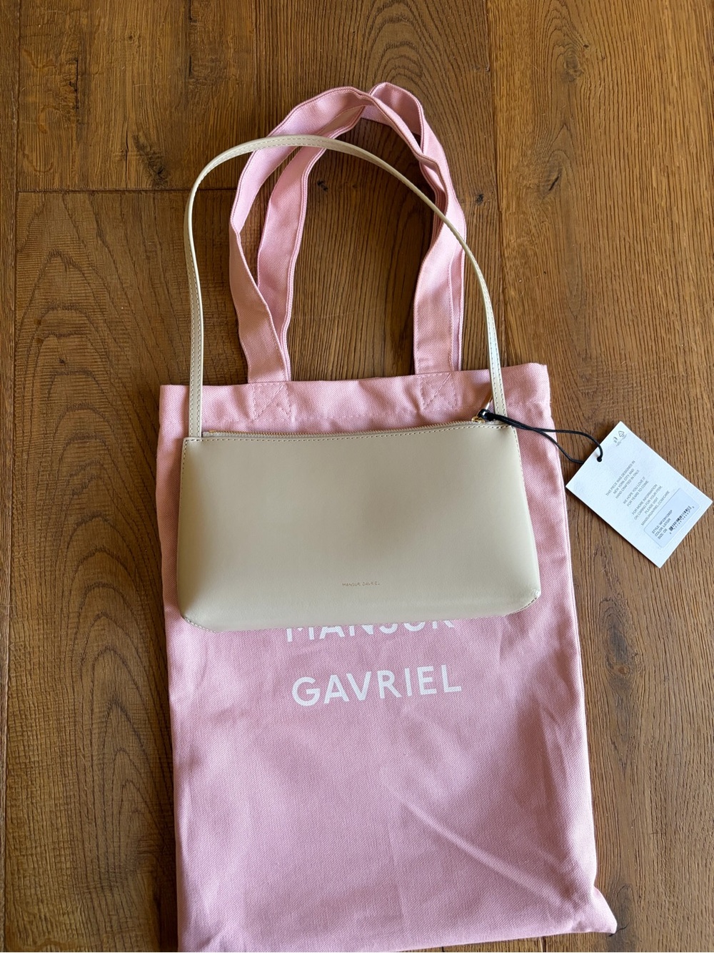Mansur Gavriel Beige Leather Shoulder Bag with Pink Canvas Tote